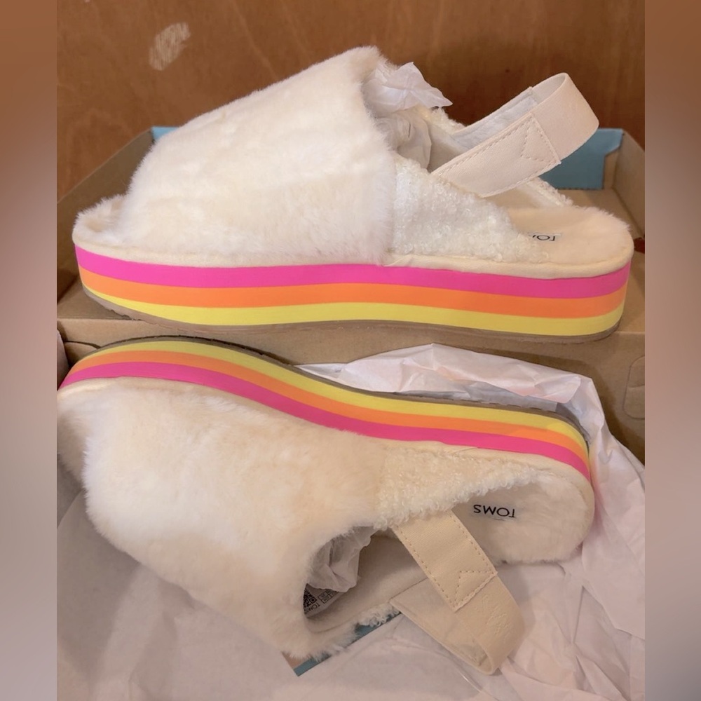 Toms White and Pink Slippers with Plush Upper